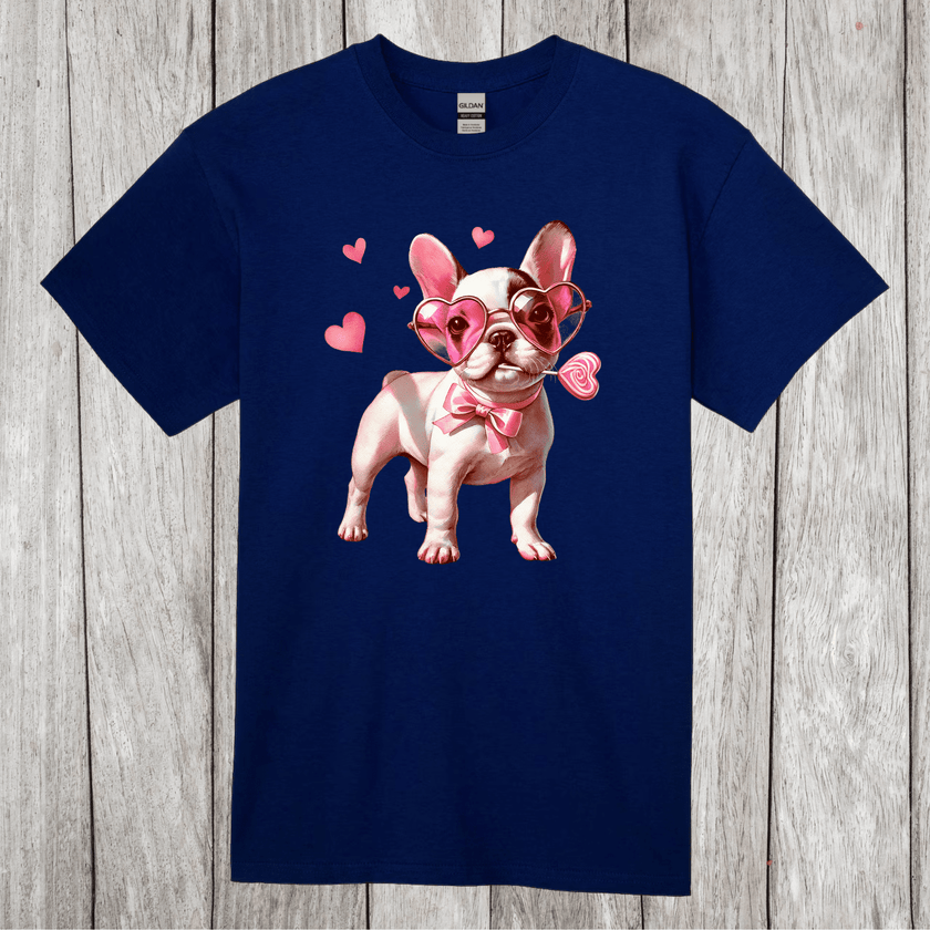 Cute bulldog in pink heart shades, bow, and candy graphic on navy blue adult T-shirt for dog lovers