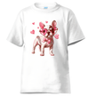 Adorable Frenchie dog in heart glasses and pink bow holding candy on white adult graphic tee
