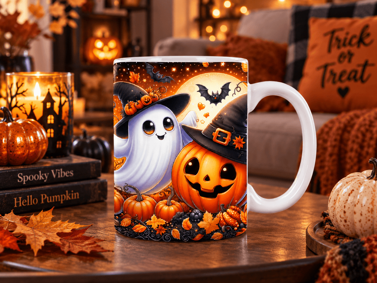 Cute ghost and pumpkin Halloween mug featuring a smiling jack o lantern, witch hat, bats and colourful autumn artwork