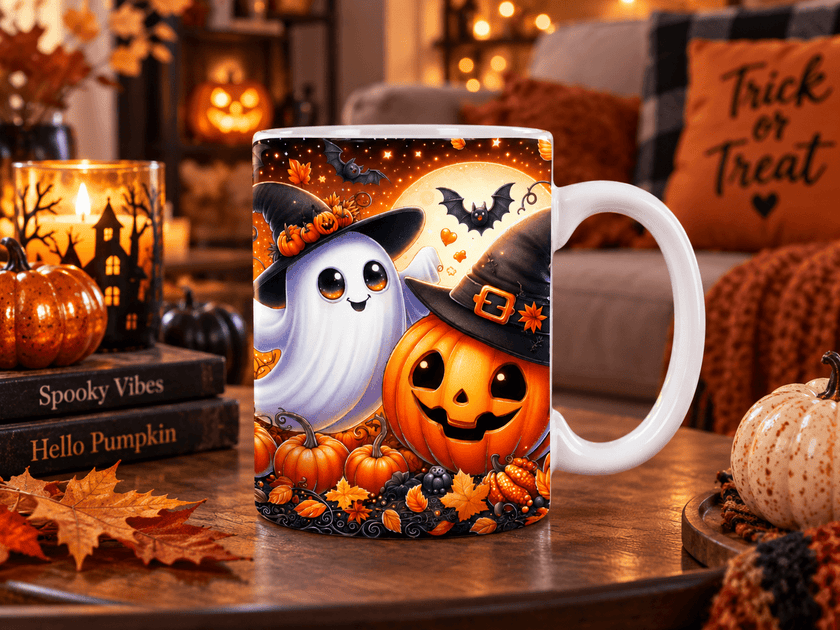 Cute ghost and pumpkin Halloween mug featuring a smiling jack o lantern, witch hat, bats and colourful autumn artwork