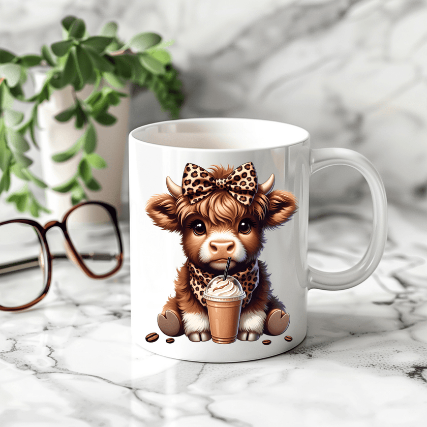 aesthetic cow mug with cute design holding iced coffee beverage