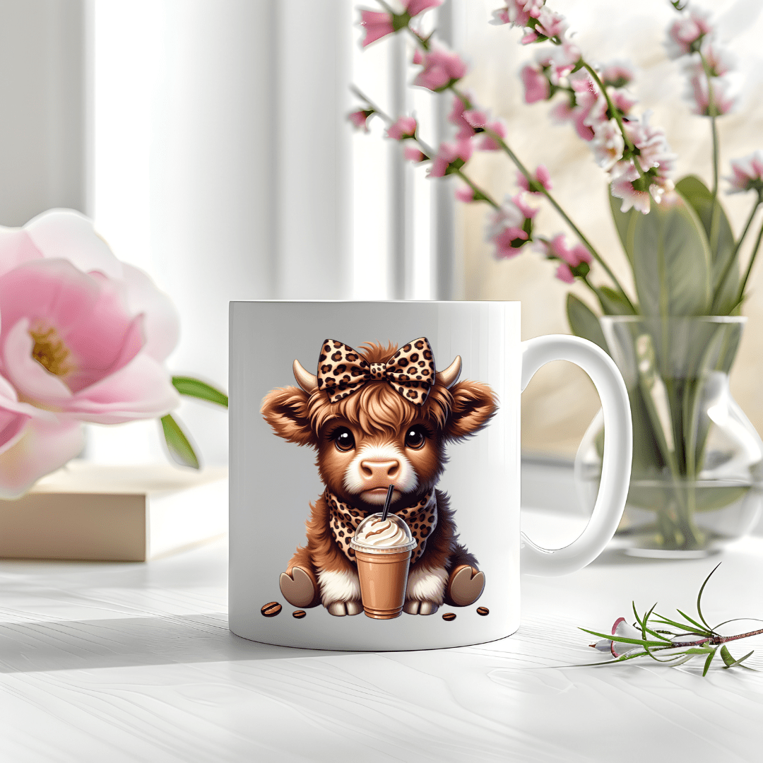 white ceramic mug with adorable cow illustration and iced latte cup