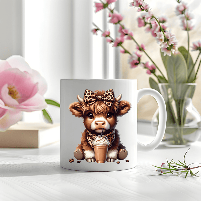 white ceramic mug with adorable cow illustration and iced latte cup