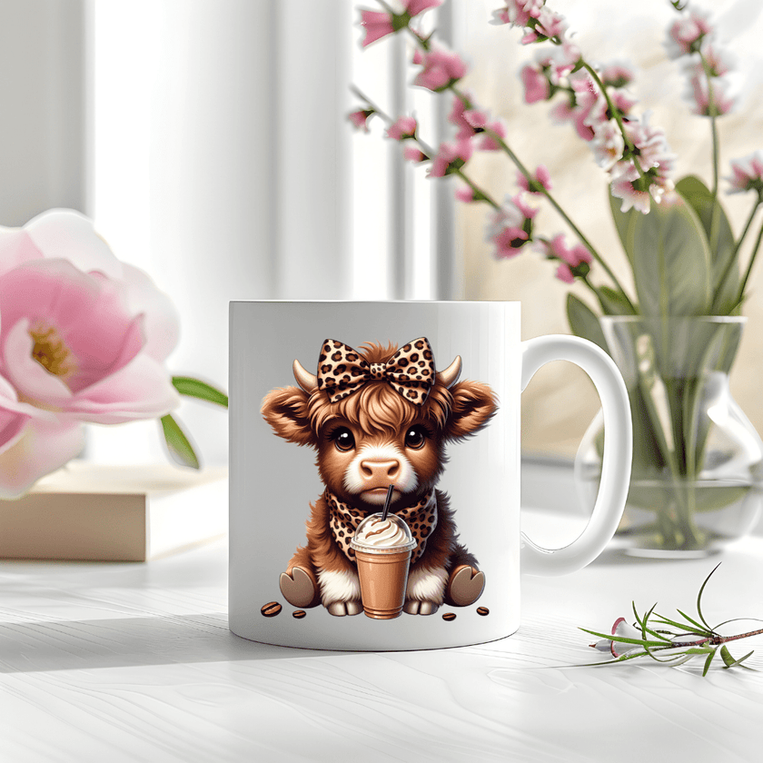 white ceramic mug with adorable cow illustration and iced latte cup