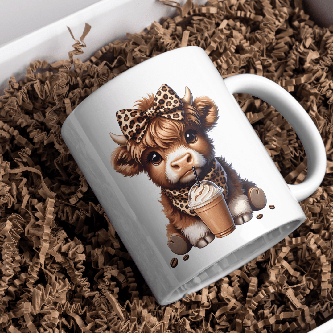 highland cow mug with leopard bow cute animal themed coffee cup