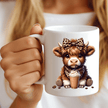 cute highland cow coffee mug with bow holding iced coffee drink aesthetic design