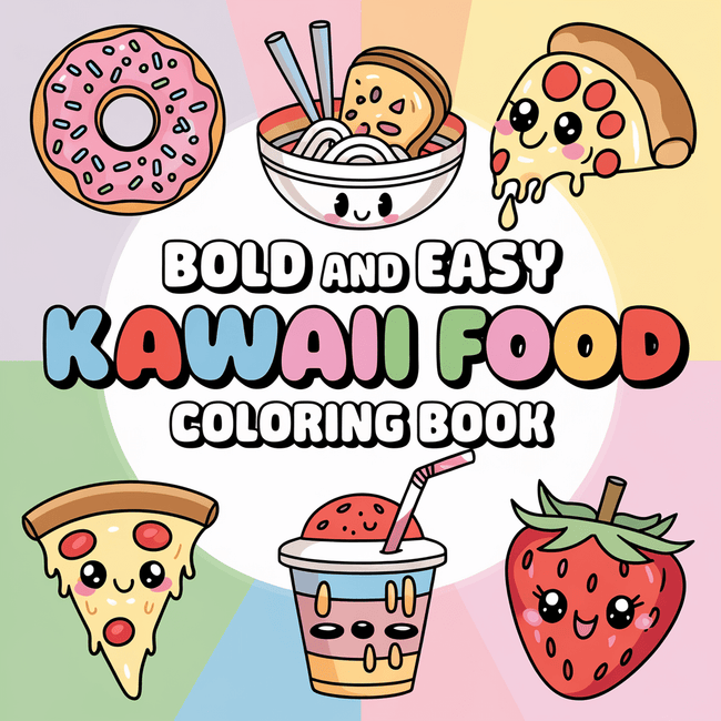 Printable kawaii food coloring pages featuring cute smiling snack characters.