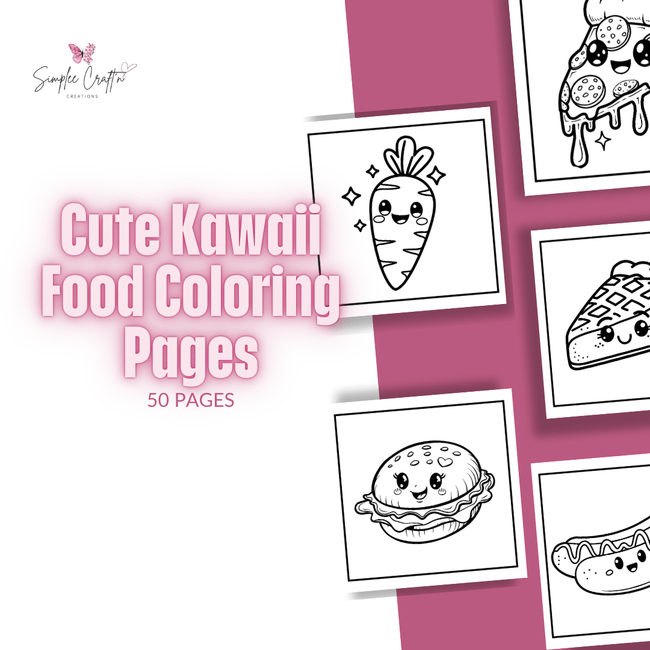 50-page kawaii food coloring sheet bundle with adorable food illustrations.