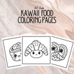 Cute digital coloring pages with kawaii fruit, desserts, and snack characters.