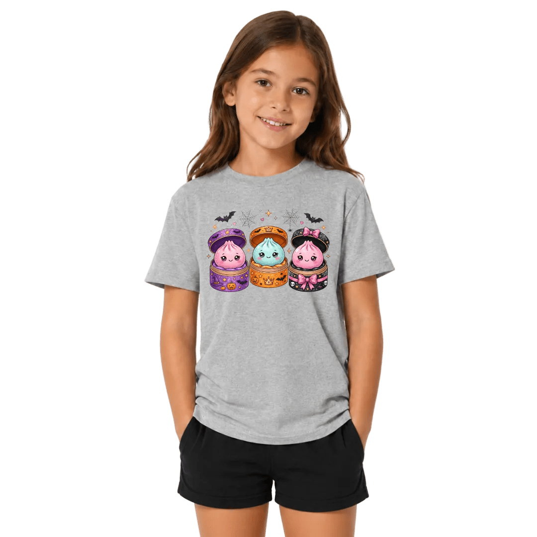 Sport grey youth Halloween T shirt featuring cute potion friends, spiderwebs, bats and colourful kawaii Halloween graphics.
