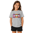 Sport grey youth Halloween T shirt featuring cute potion friends, spiderwebs, bats and colourful kawaii Halloween graphics.