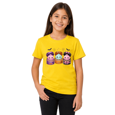 Yellow youth Halloween T shirt with bright kawaii potion characters, bats, spiderwebs and cute seasonal Halloween artwork.