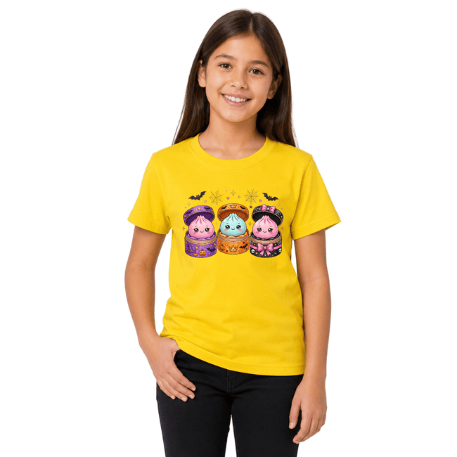 Yellow youth Halloween T shirt with bright kawaii potion characters, bats, spiderwebs and cute seasonal Halloween artwork.