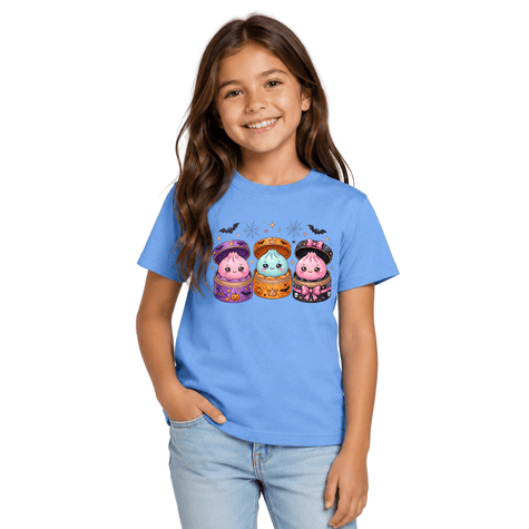 Carolina blue kids Halloween T shirt featuring cute kawaii potion friends with colourful bats, pumpkins and spooky details.