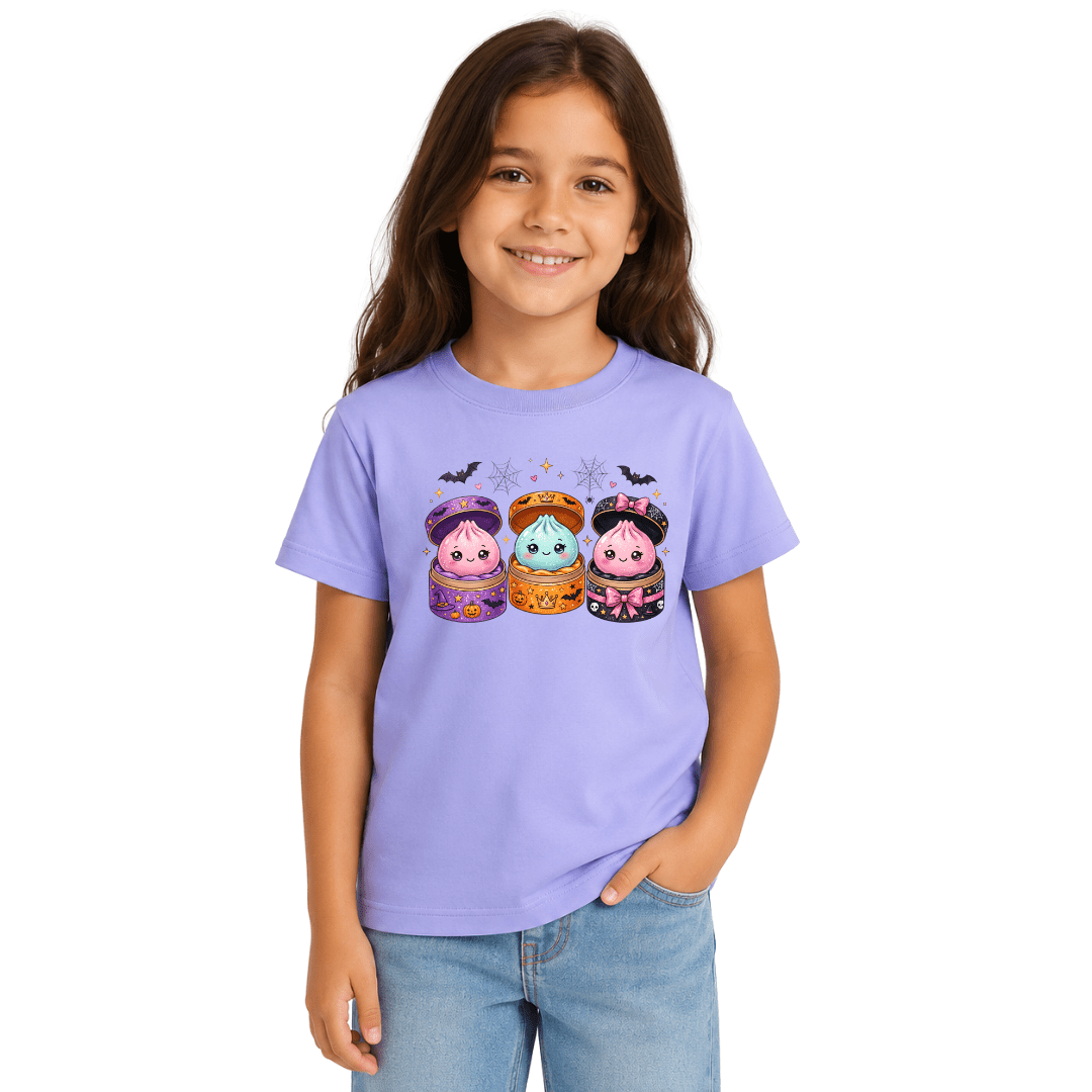 Violet girls Halloween T shirt with three adorable kawaii spooky characters, pumpkins, bows, bats and spiderweb accents.