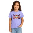 Violet girls Halloween T shirt with three adorable kawaii spooky characters, pumpkins, bows, bats and spiderweb accents.
