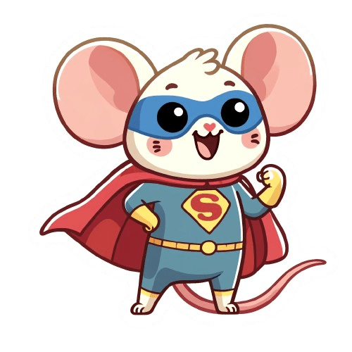 Cartoon mouse in a superhero costume with a red cape and blue mask on a white background