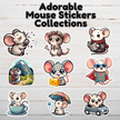 Collection of cute kawaii mouse stickers showing chibi mice in playful poses like driving a car, as superhero, etc