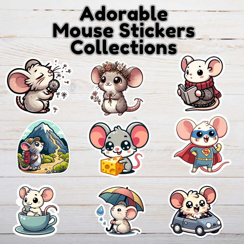 Collection of cute kawaii mouse stickers showing chibi mice in playful poses like driving a car, as superhero, etc