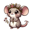 Illustration of a cute mouse with a flower crown and flowers on a white background