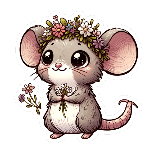 Illustration of a cute mouse with a flower crown and flowers on a white background