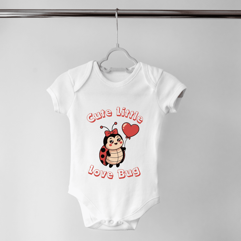 Newborn baby onesie hanging on rack with love bug print