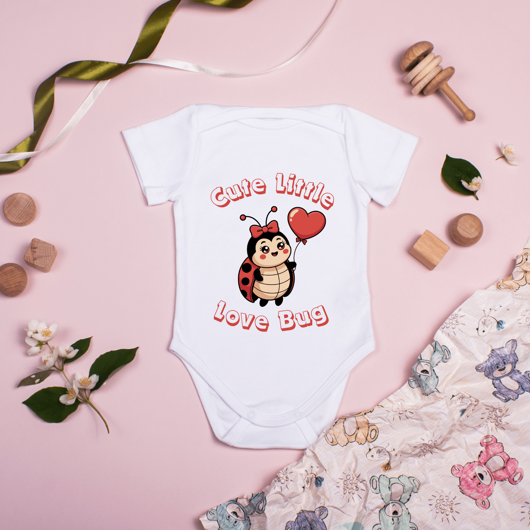 Close up of love bug print on soft cotton baby onesie