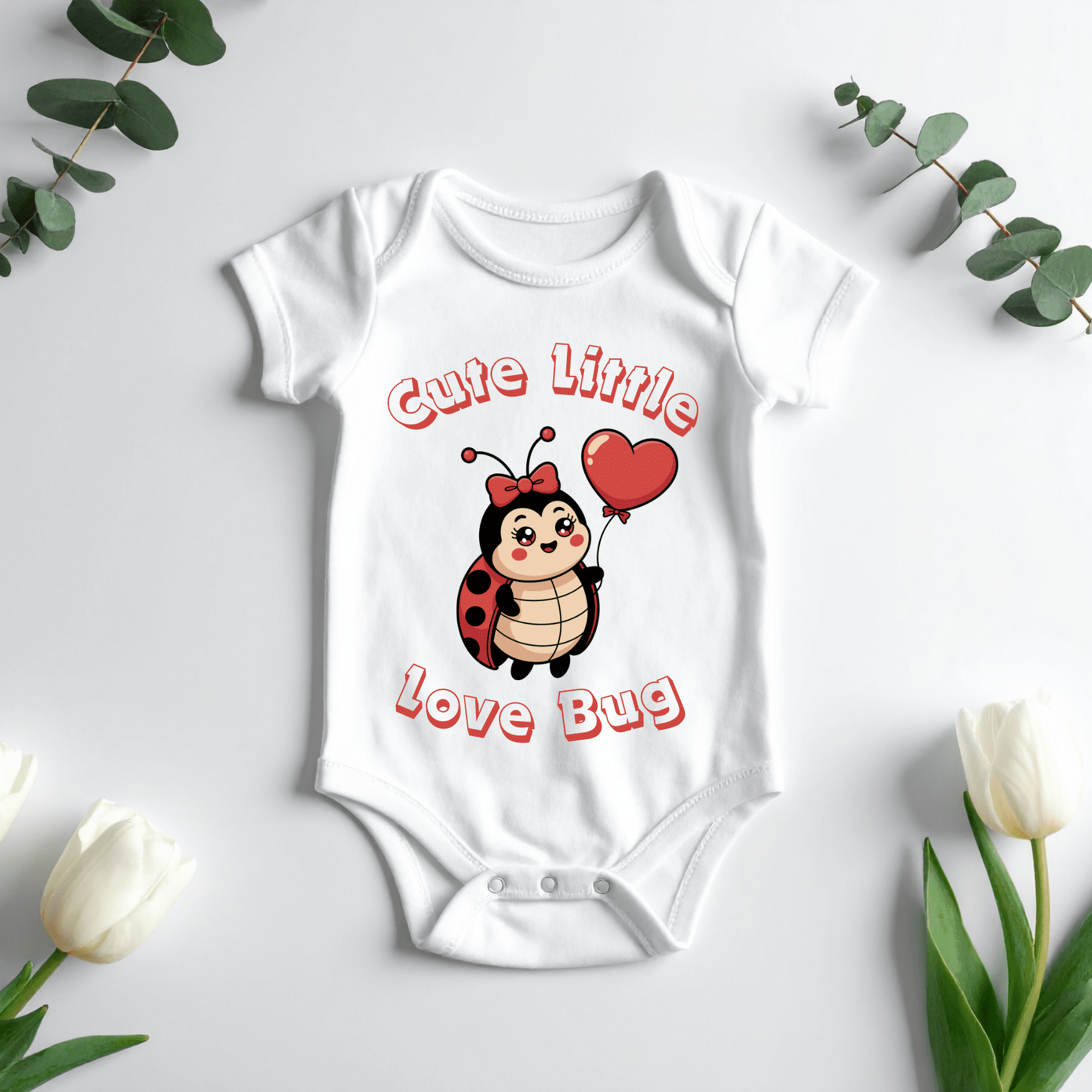 White baby onesie with cute love bug and heart balloon design