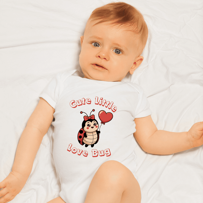 Baby wearing love bug onesie laying on soft blanket