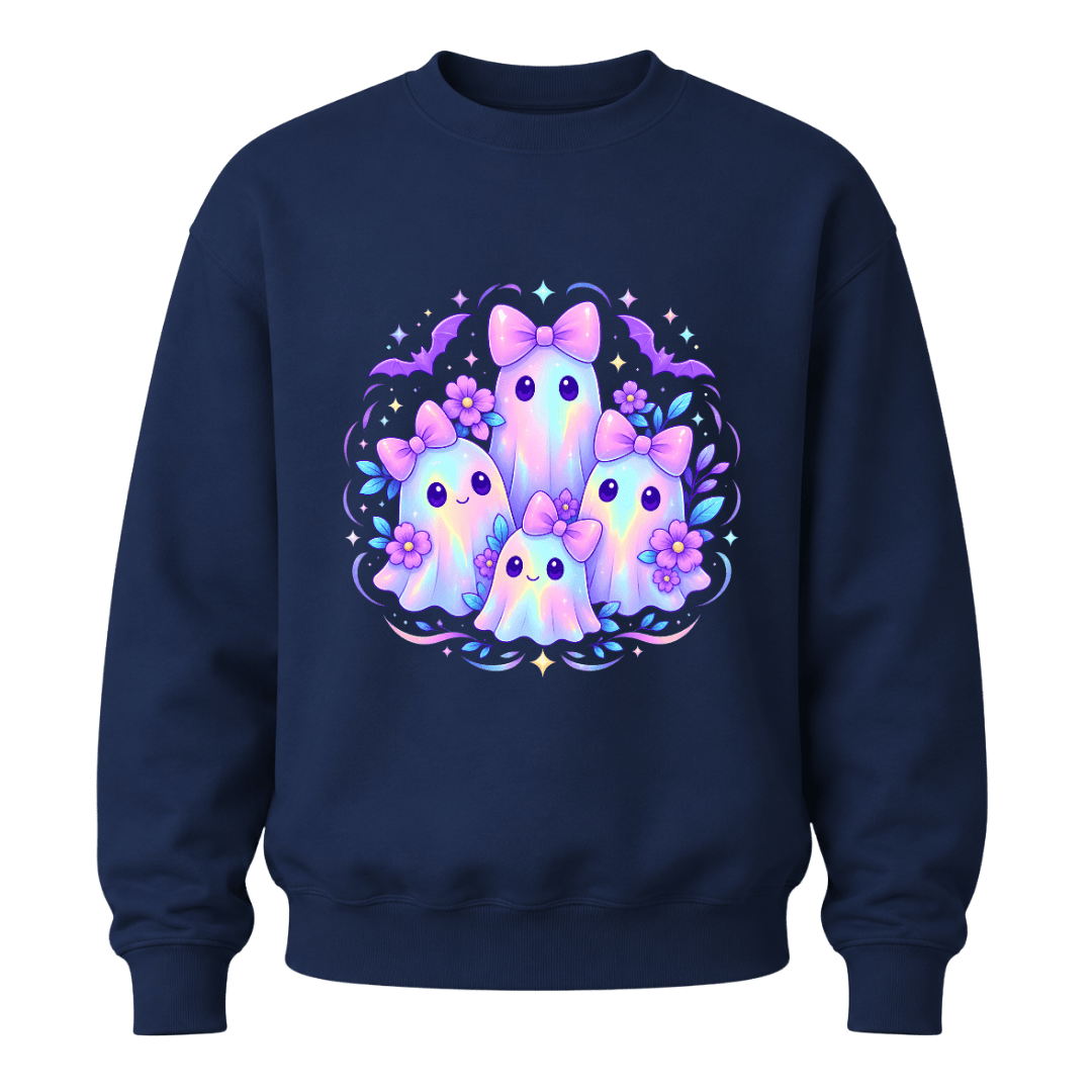 Navy girls youth Halloween sweatshirt with pastel ghost family artwork, lavender bows, flowers and spooky cute bats