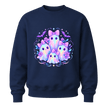 Navy girls youth Halloween sweatshirt with pastel ghost family artwork, lavender bows, flowers and spooky cute bats