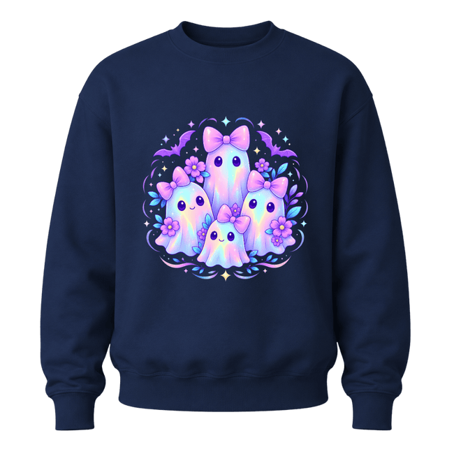 Navy girls youth Halloween sweatshirt with pastel ghost family artwork, lavender bows, flowers and spooky cute bats