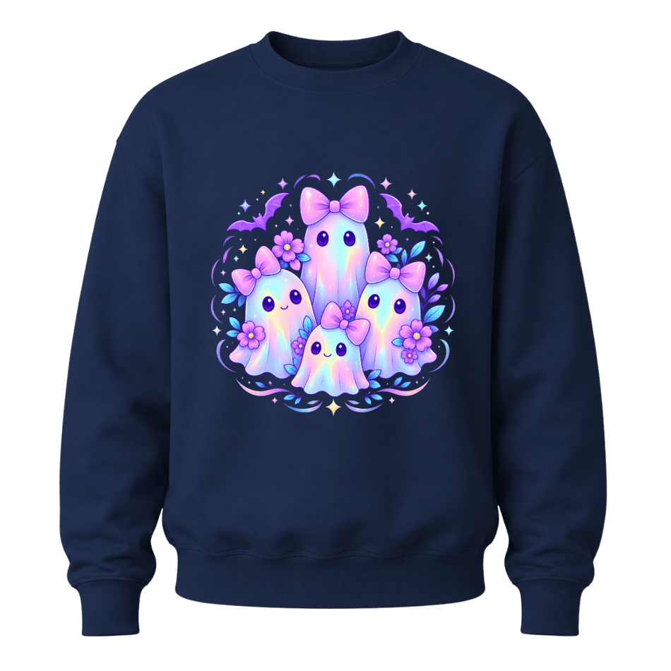Navy girls youth Halloween sweatshirt with pastel ghost family artwork, lavender bows, flowers and spooky cute bats