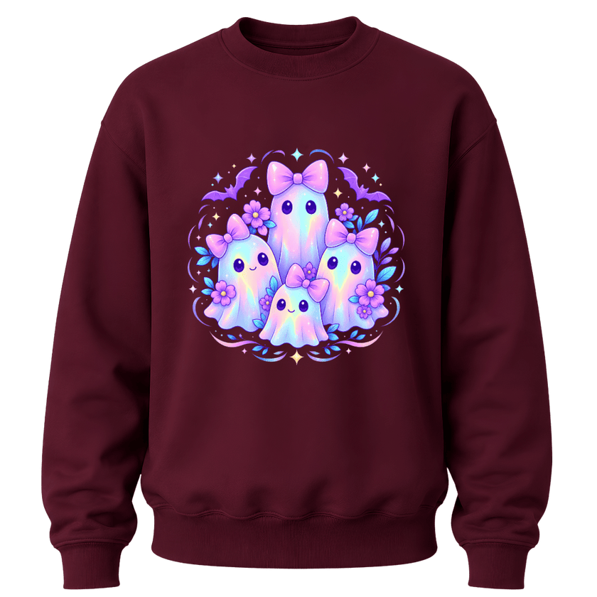 Maroon girls youth crewneck with pastel rainbow ghost family, floral details, bows and colourful Halloween artwork
