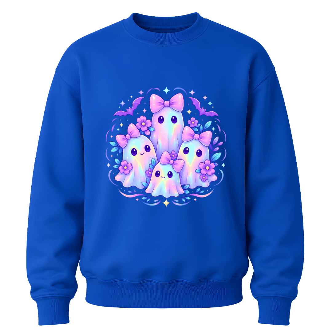 Royal blue girls Halloween crewneck sweatshirt with cute pastel ghosts, purple bows, flowers and sparkling kawaii design