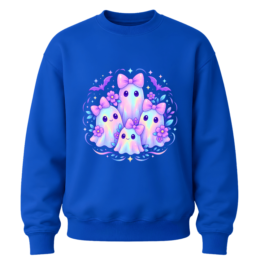Royal blue girls Halloween crewneck sweatshirt with cute pastel ghosts, purple bows, flowers and sparkling kawaii design