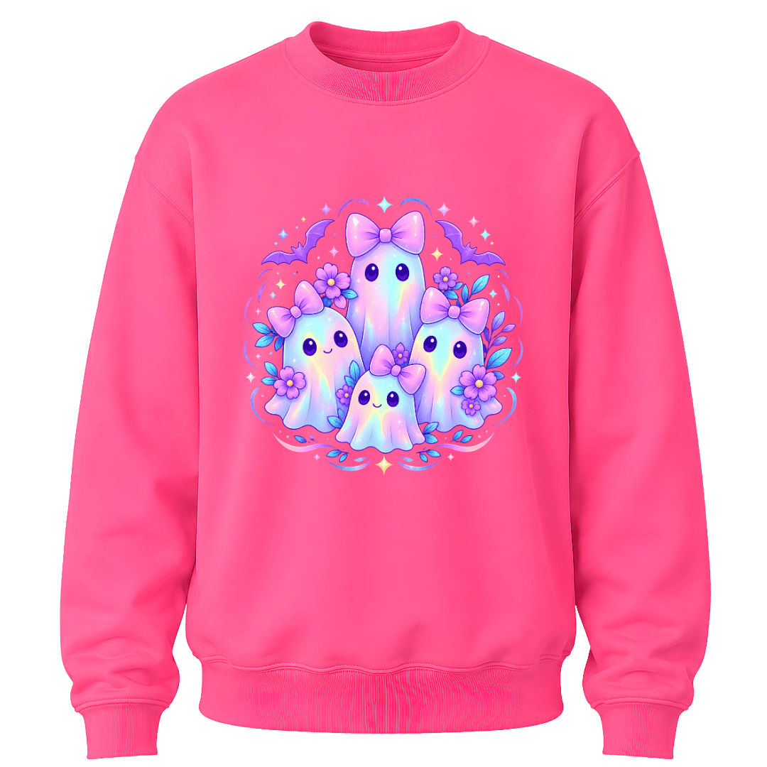 Safety pink girls youth Halloween sweatshirt featuring colourful kawaii ghost family with bows, flowers and bats