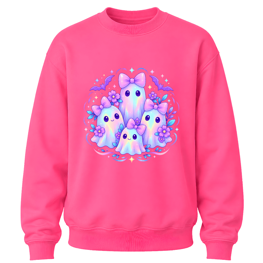 Safety pink girls youth Halloween sweatshirt featuring colourful kawaii ghost family with bows, flowers and bats