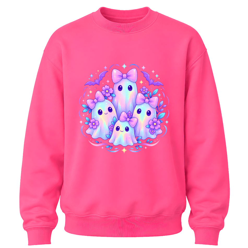 Safety pink girls youth Halloween sweatshirt featuring colourful kawaii ghost family with bows, flowers and bats
