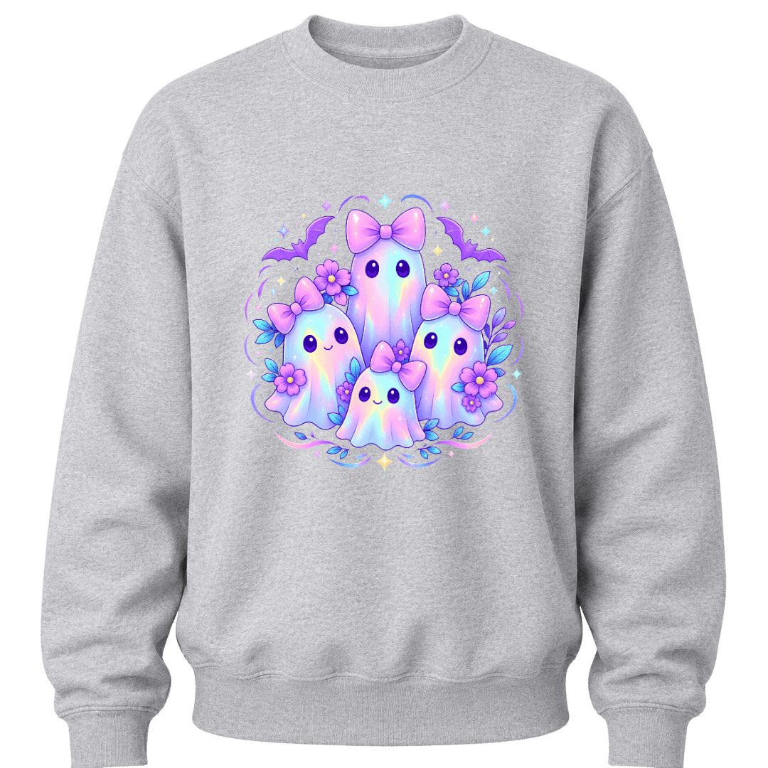 Grey girls kawaii Halloween sweatshirt featuring four pastel ghosts with bows, purple flowers and cute bat accents