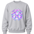 Grey girls kawaii Halloween sweatshirt featuring four pastel ghosts with bows, purple flowers and cute bat accents