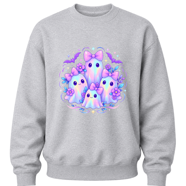 Grey girls kawaii Halloween sweatshirt featuring four pastel ghosts with bows, purple flowers and cute bat accents
