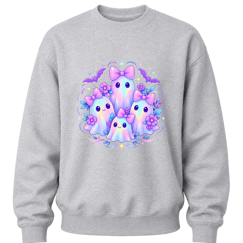 Grey girls kawaii Halloween sweatshirt featuring four pastel ghosts with bows, purple flowers and cute bat accents