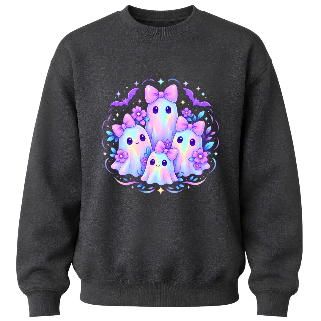 Charcoal grey girls youth Halloween crewneck with colourful pastel ghost family, purple bows, flowers, bats and sparkles