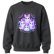 Charcoal grey girls youth Halloween crewneck with colourful pastel ghost family, purple bows, flowers, bats and sparkles