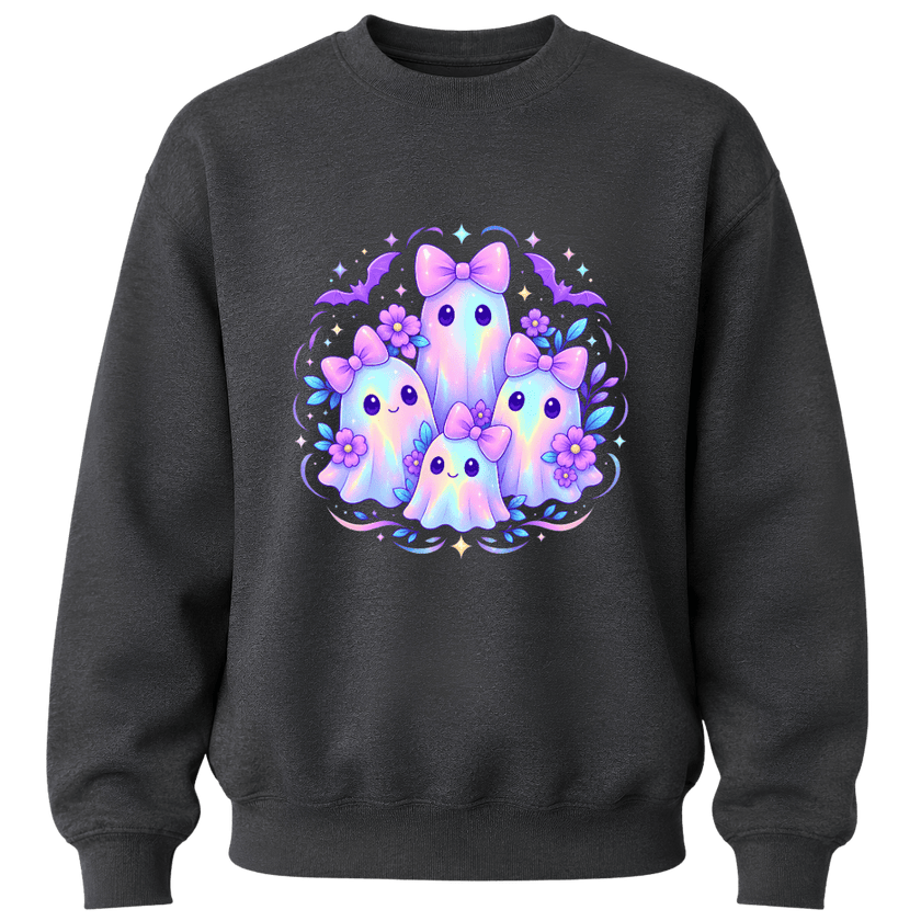 Charcoal grey girls youth Halloween crewneck with colourful pastel ghost family, purple bows, flowers, bats and sparkles