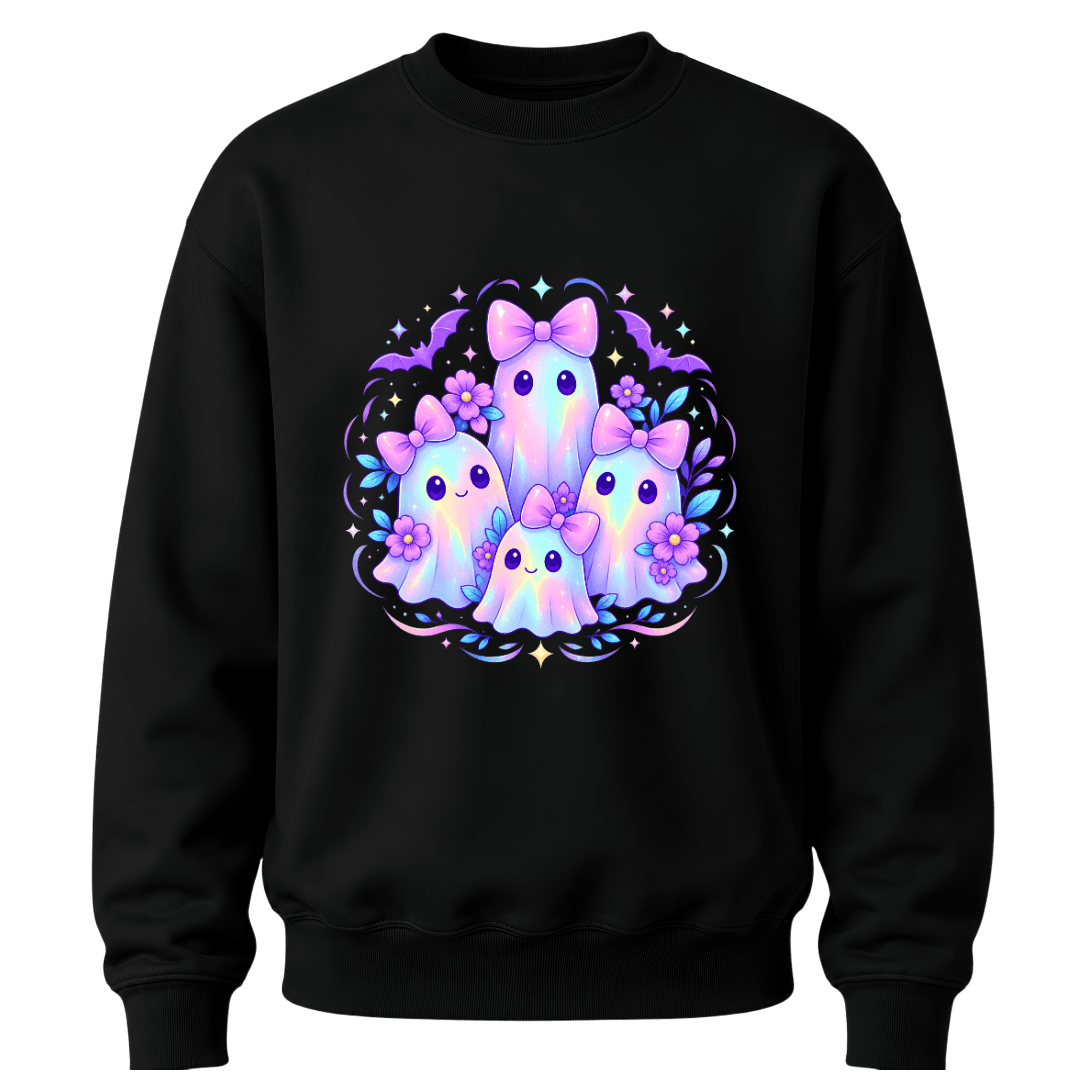 Black girls cute Halloween crewneck featuring pastel kawaii ghosts with purple bows, floral accents and colourful sparkles