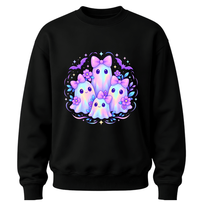 Black girls cute Halloween crewneck featuring pastel kawaii ghosts with purple bows, floral accents and colourful sparkles