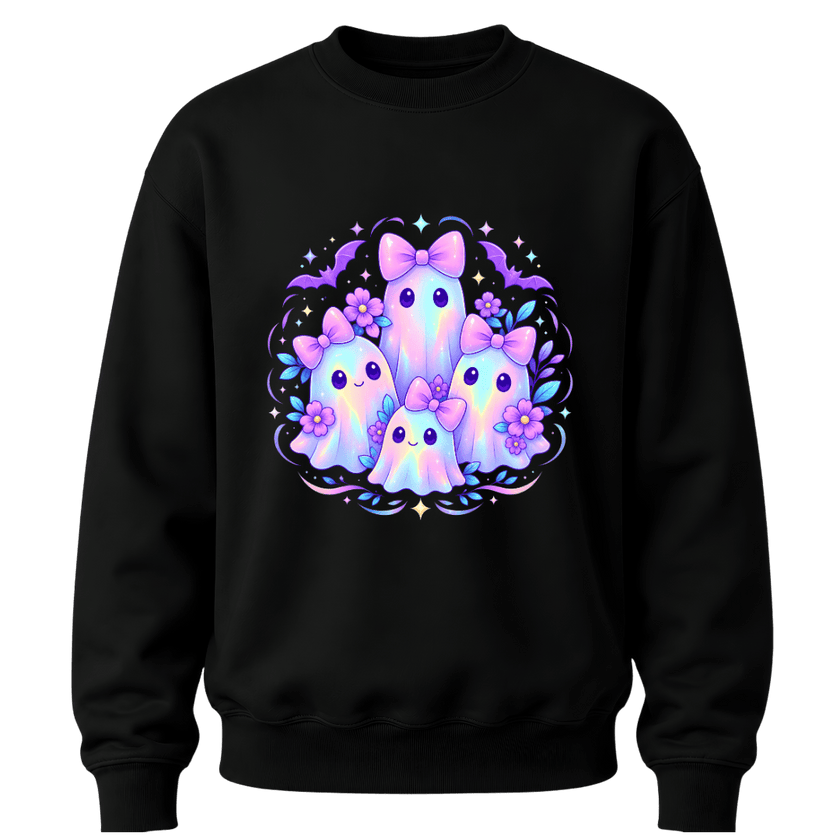 Black girls cute Halloween crewneck featuring pastel kawaii ghosts with purple bows, floral accents and colourful sparkles