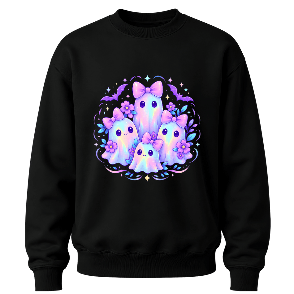 Black girls cute Halloween crewneck featuring pastel kawaii ghosts with purple bows, floral accents and colourful sparkles